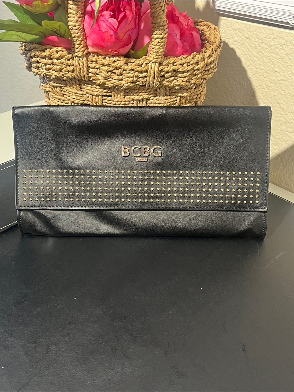 BCBG Black Clutch with Gold Stud Accents